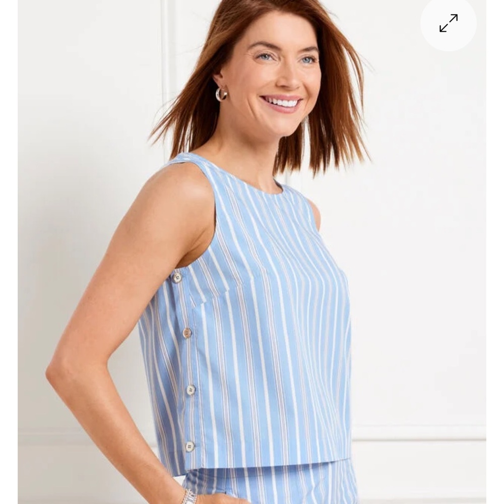 TALBOTS SIDE BUTTON FRESH POPLIN SHELL VISTA BLUE STRIPE PETITE MEDIUM NWT